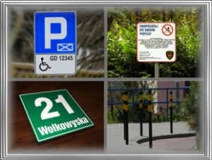 Wiktorski znaki drogowe, tablice informacyjne Gdansk: parking dla inwalidy, posprztaj po psie, tablica administracyjna, supki wydrodzeniowe